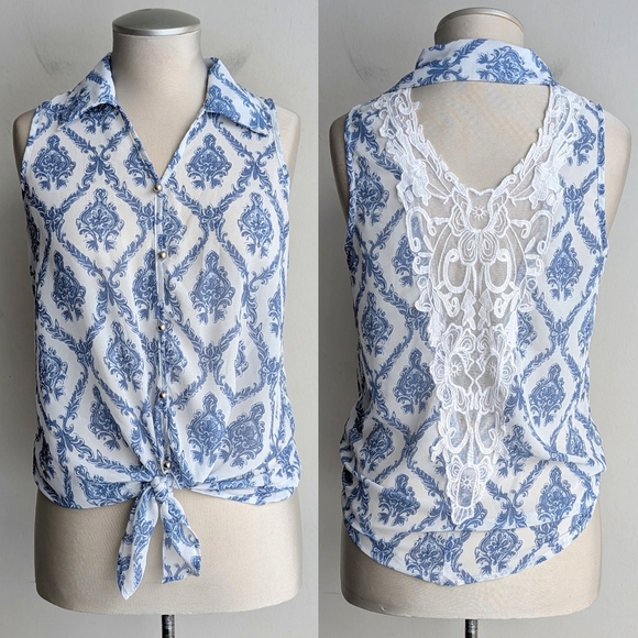 Suzy Shier Tops - Paisley Lace Sleeveless Tie Waist Blouse